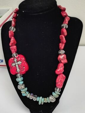 Red And Turquoise Cross Statement Necklace